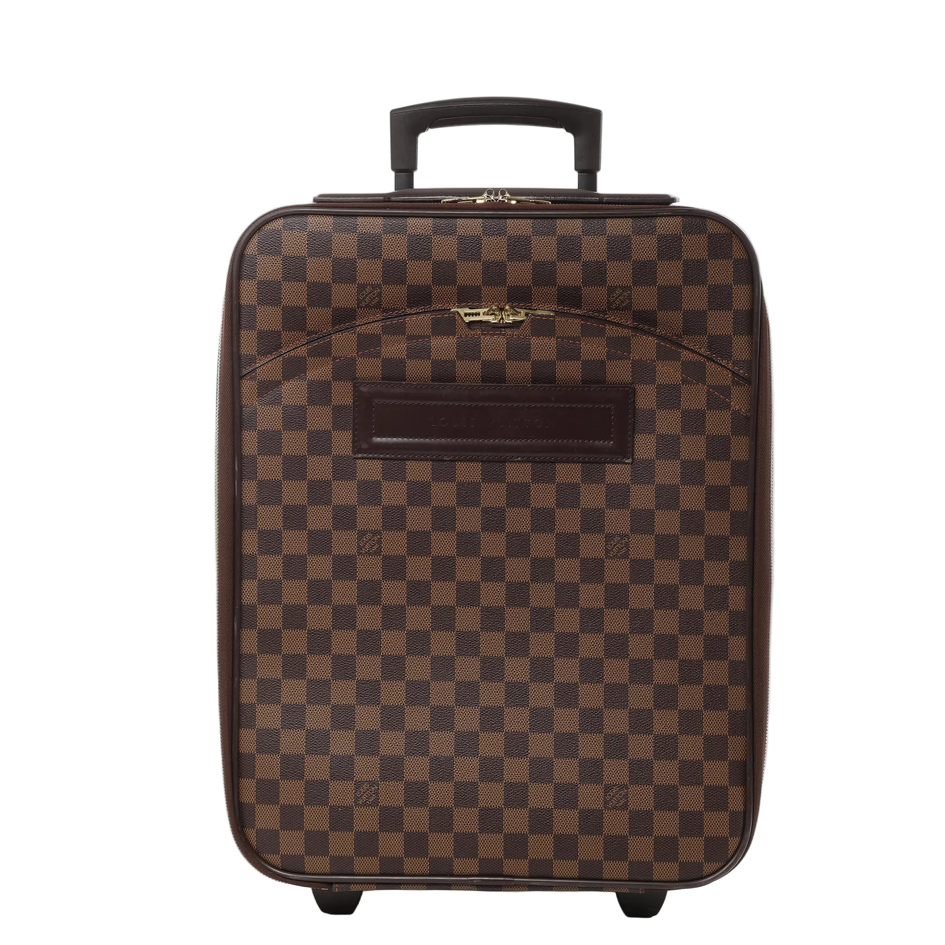 Front view of the Louis Vuitton Damier Pégase 45 Suitcase N23293 in brown checkerboard canvas, featuring a top telescopic handle, gold-tone zipper hardware, exterior zip pocket, leather name tag holder, and two rolling wheels at the base.