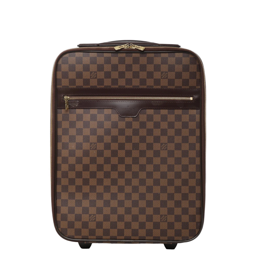 Front view of Louis Vuitton Damier Pégase 45 suitcase N23293 in brown checkered coated canvas, featuring dark brown leather trim, front zip pocket, gold-tone hardware, and two rolling wheels against a white background