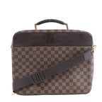 Louis Vuitton brown Damier checkered business bag with dark brown trim, top handle, shoulder strap, zip closure and gold-tone hardware.