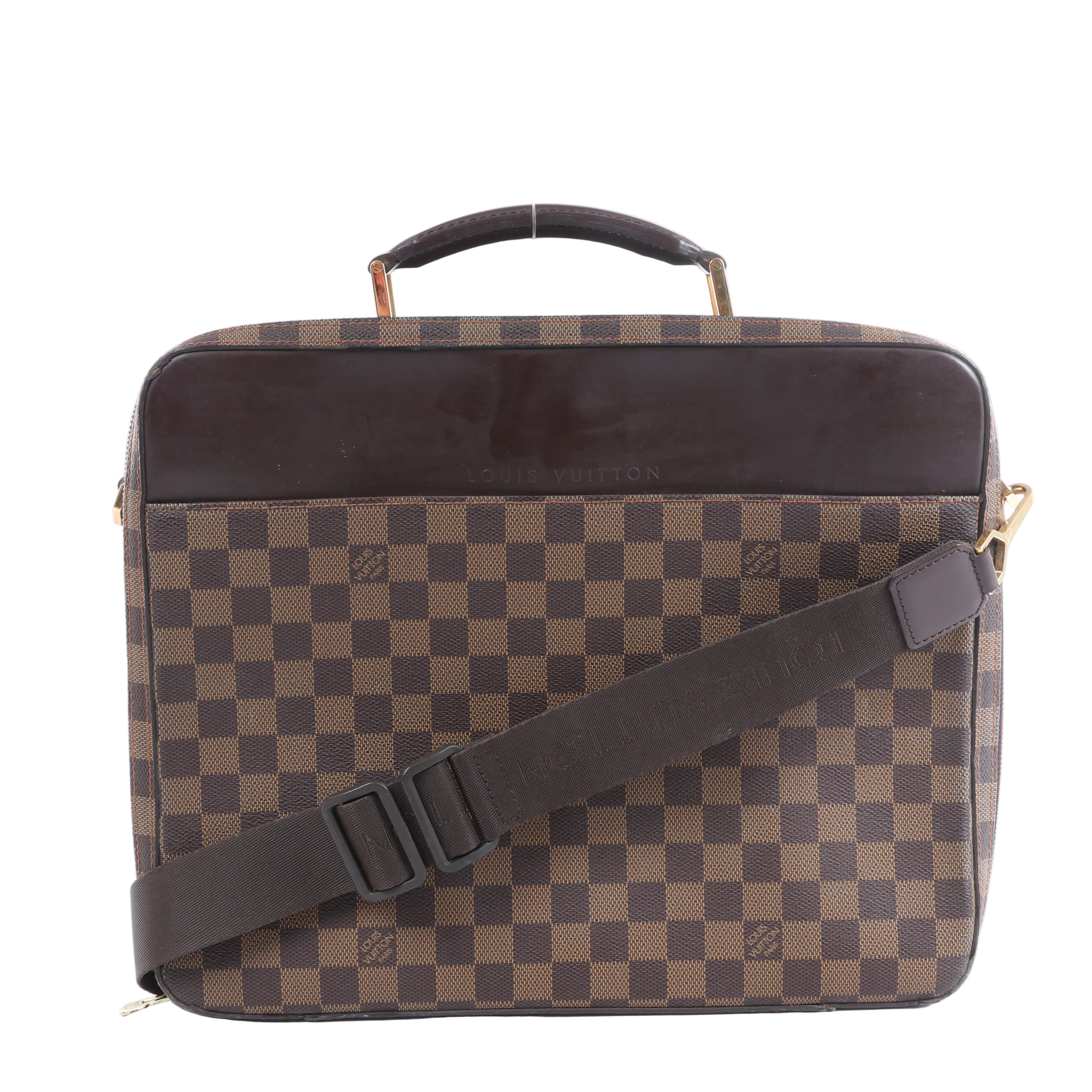 Louis Vuitton brown Damier checkered business bag with dark brown trim, top handle, shoulder strap, zip closure and gold-tone hardware.
