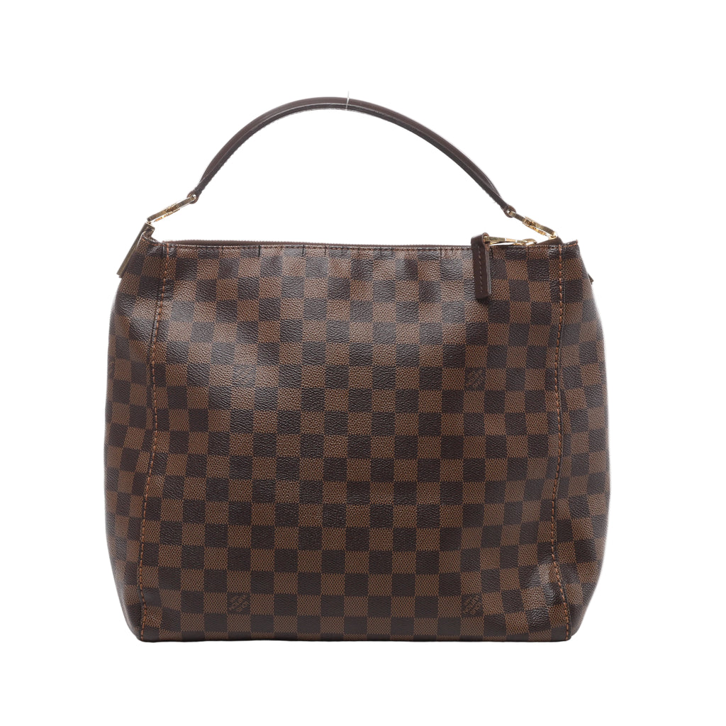 Brown Louis Vuitton Portobello PM Damier Ebene shoulder bag with checkerboard canvas, slim dark leather handle and gold-tone hardware.