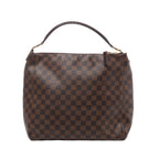 Brown Louis Vuitton Portobello PM Damier Ebene shoulder bag with checkerboard canvas, slim dark leather handle and gold-tone hardware.