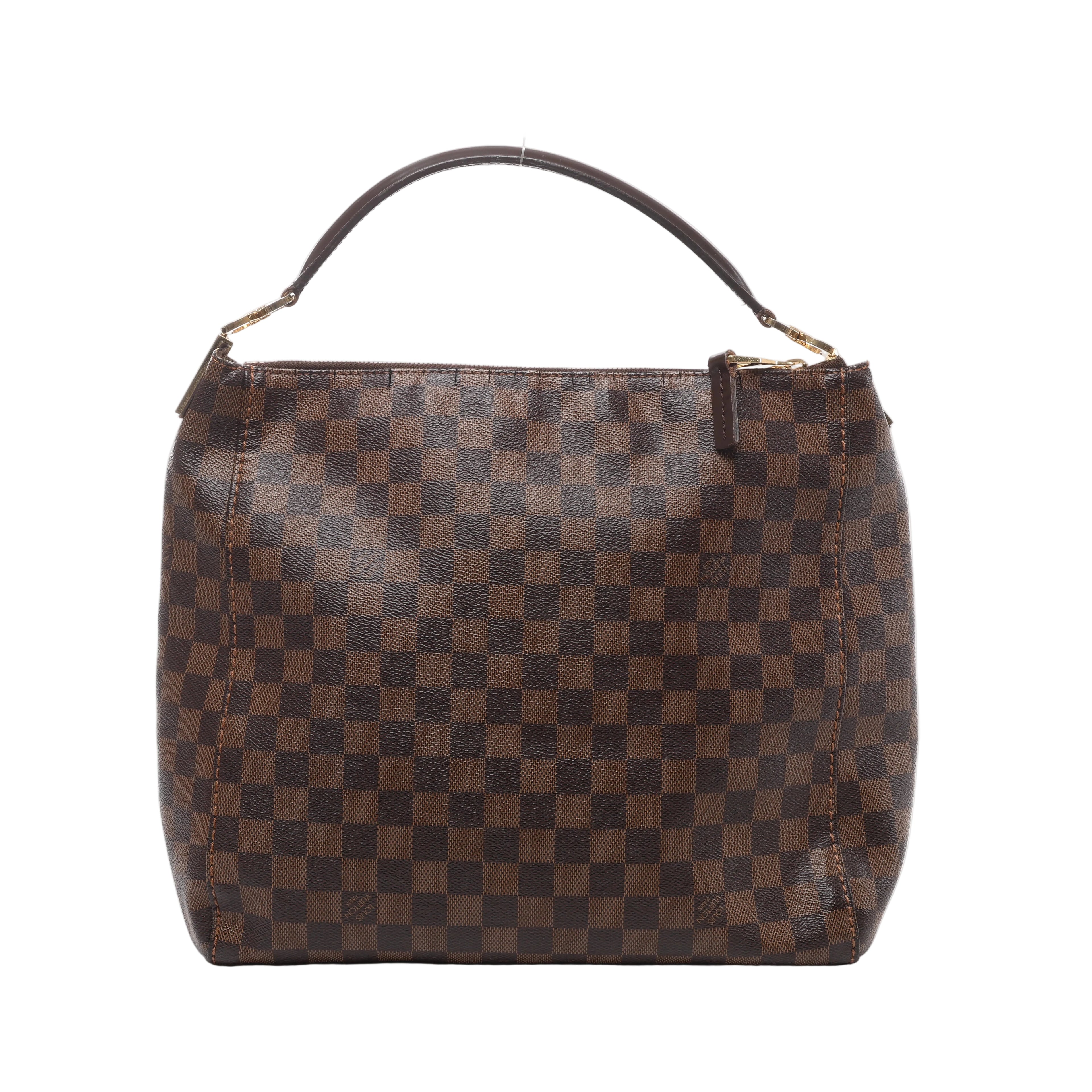 Brown Louis Vuitton Portobello PM Damier Ebene shoulder bag with checkerboard canvas, slim dark leather handle and gold-tone hardware.
