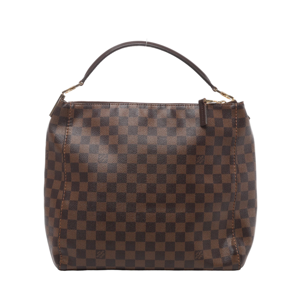 Brown Louis Vuitton Portobello PM Damier Ebene shoulder bag with checkerboard canvas, slim dark leather handle and gold-tone hardware.