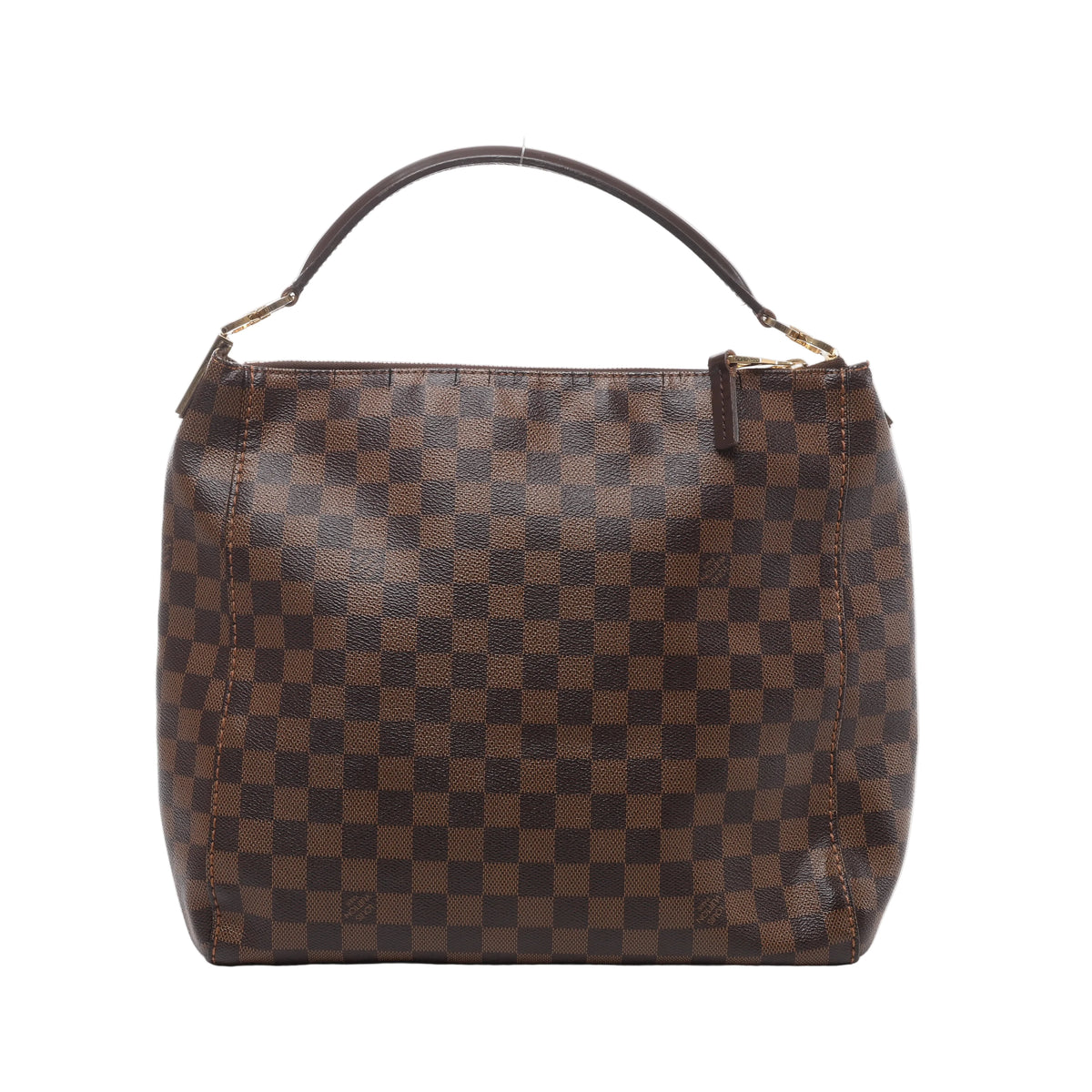 Brown Louis Vuitton Portobello PM Damier Ebene shoulder bag with checkerboard canvas, slim dark leather handle and gold-tone hardware.