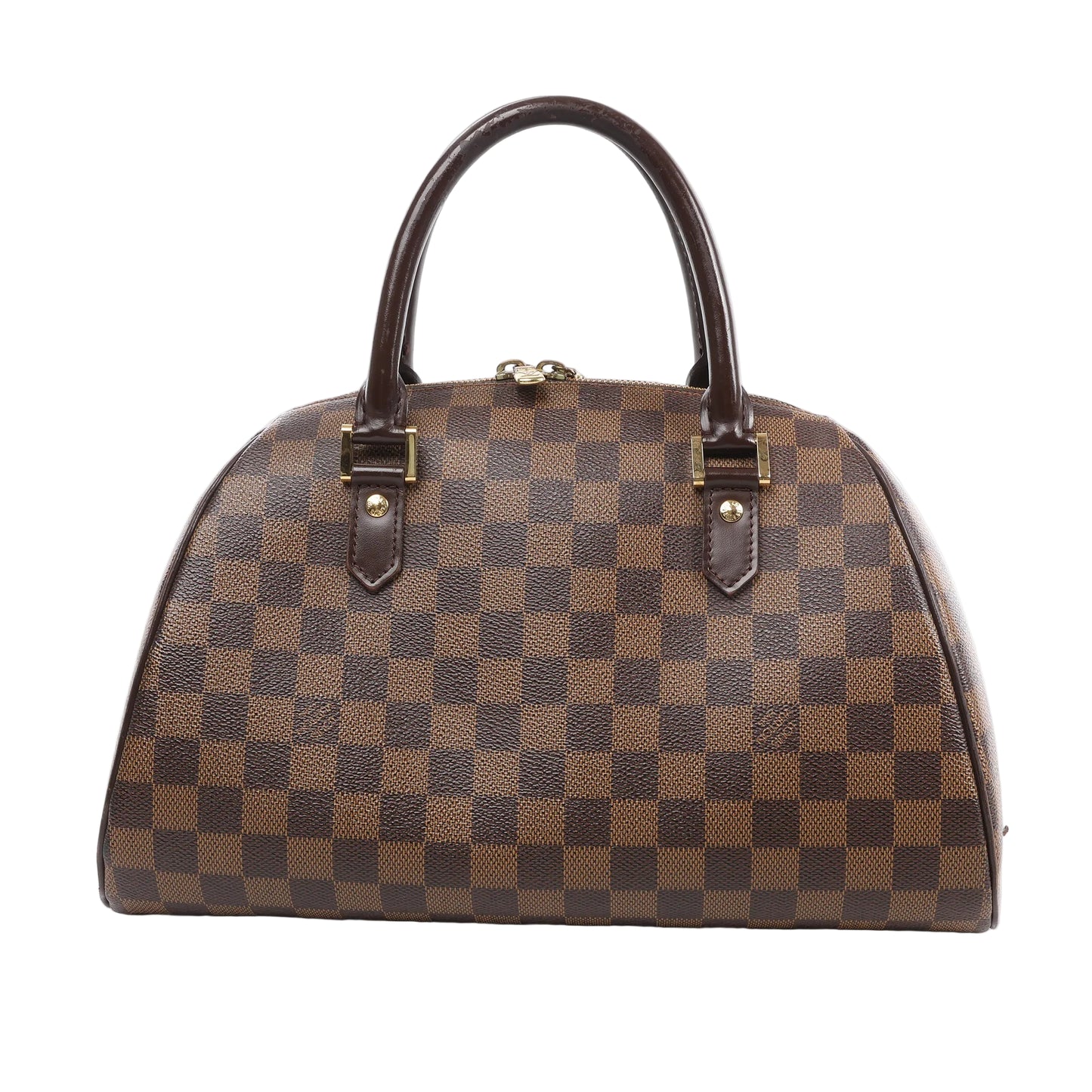 Louis Vuitton Damier Ebene Ribera MM handbag with brown checkered canvas, rolled leather handles, and gold-tone hardware, displayed on a white background.