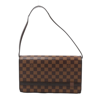 Louis Vuitton Damier Ebene Tribeccaron Shoulder Bag N51160 in brown checkered canvas with dark brown leather shoulder strap and trim, featuring a rectangular flap silhouette, displayed against a white background.