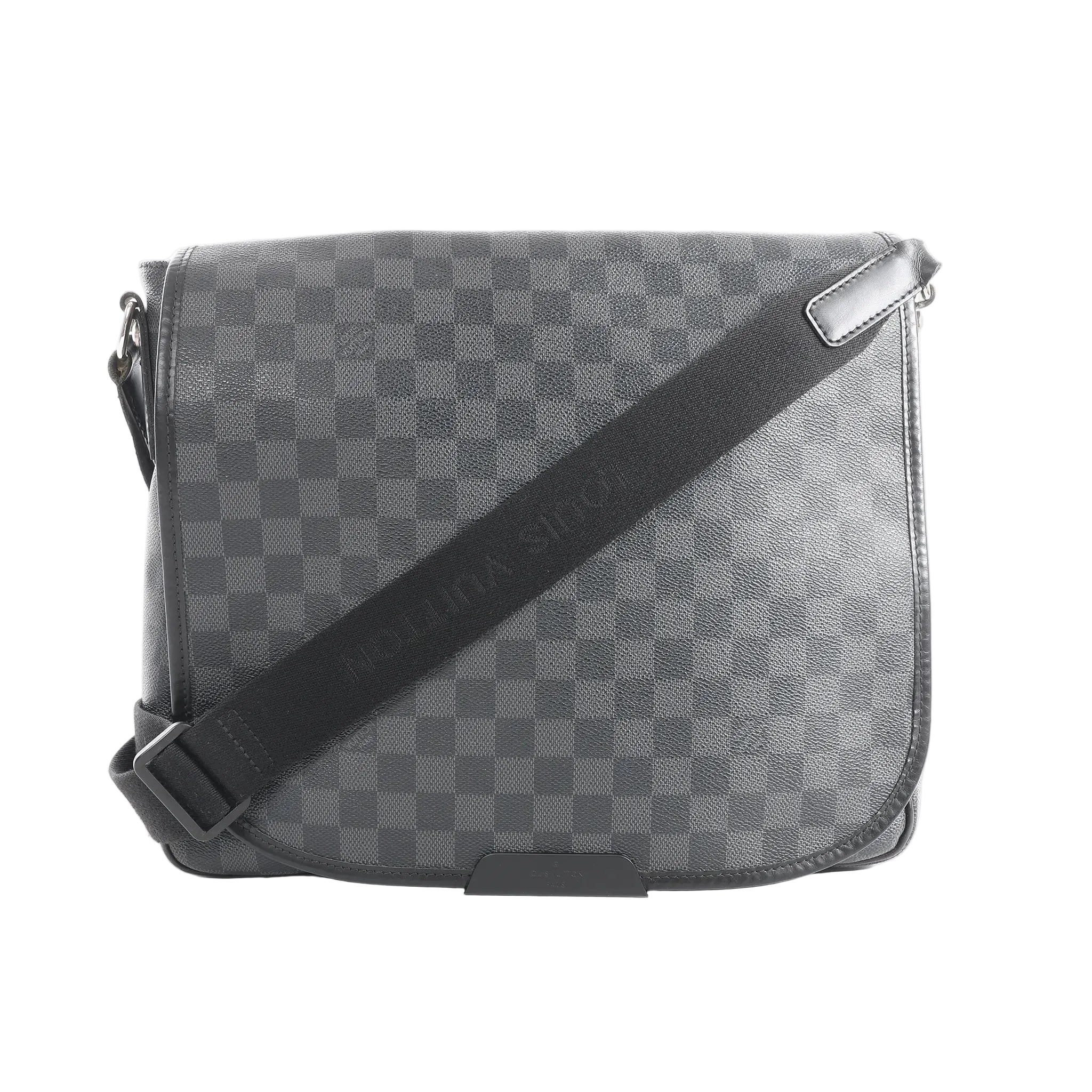 Louis Vuitton Daniel MM crossbody bag in black Damier Graphite canvas with flap front, black trim, and adjustable black shoulder strap.