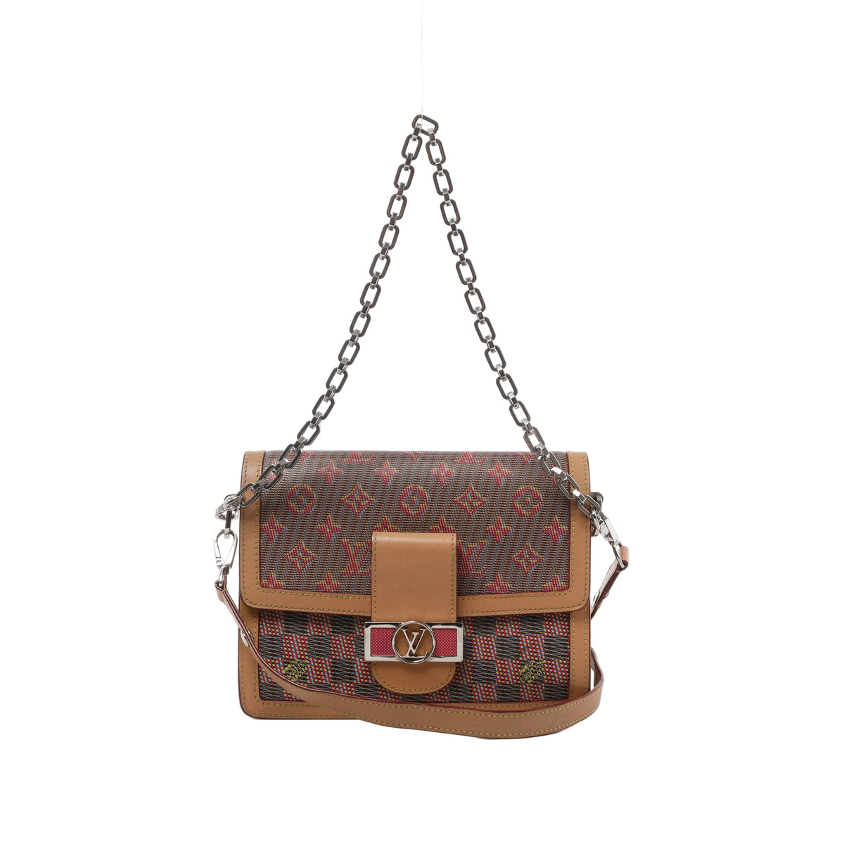 Front view of Louis Vuitton Dauphine MM LV Pop bag with multicoloured Monogram, brown leather trim, silver-tone LV clasp, chain and leather straps.