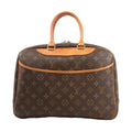 Louis Vuitton Deauville Handbag M47270 in brown Monogram canvas with natural leather trim, dual top handles, front slip pocket, and structured silhouette.