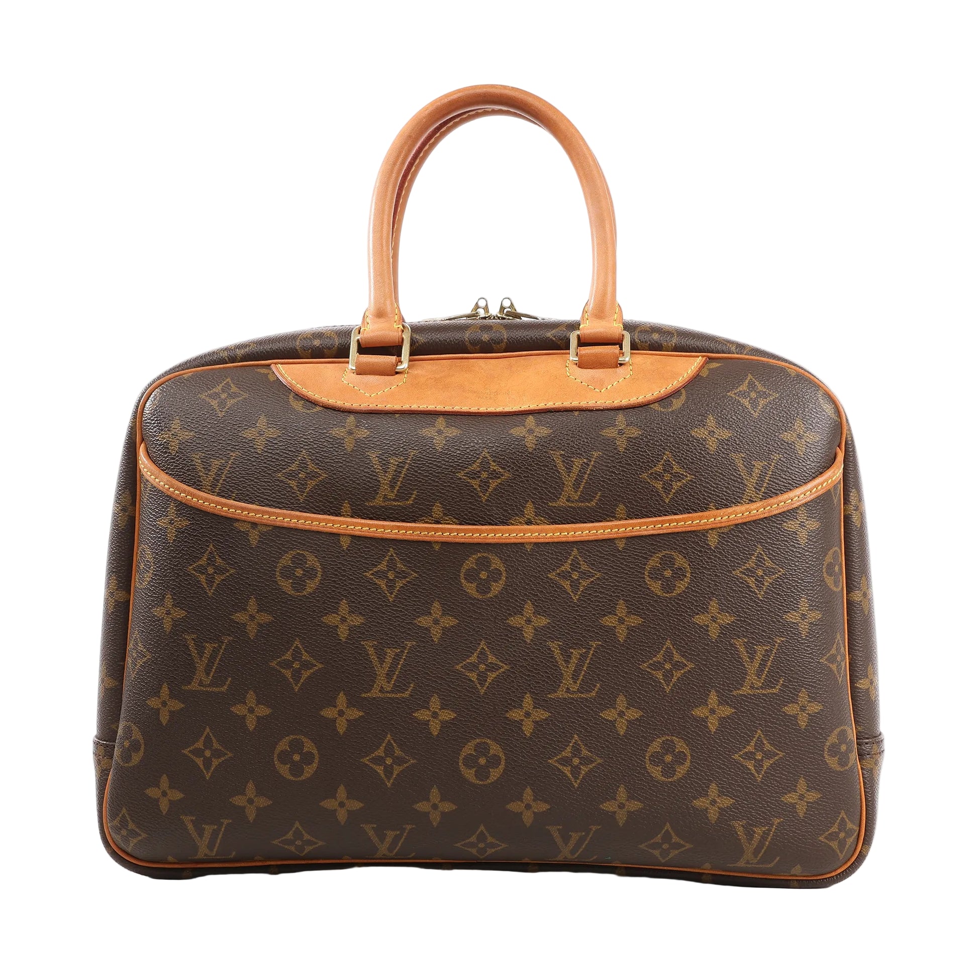 Louis Vuitton Deauville Handbag M47270 in brown Monogram canvas with natural leather trim, dual top handles, front slip pocket, and structured silhouette.