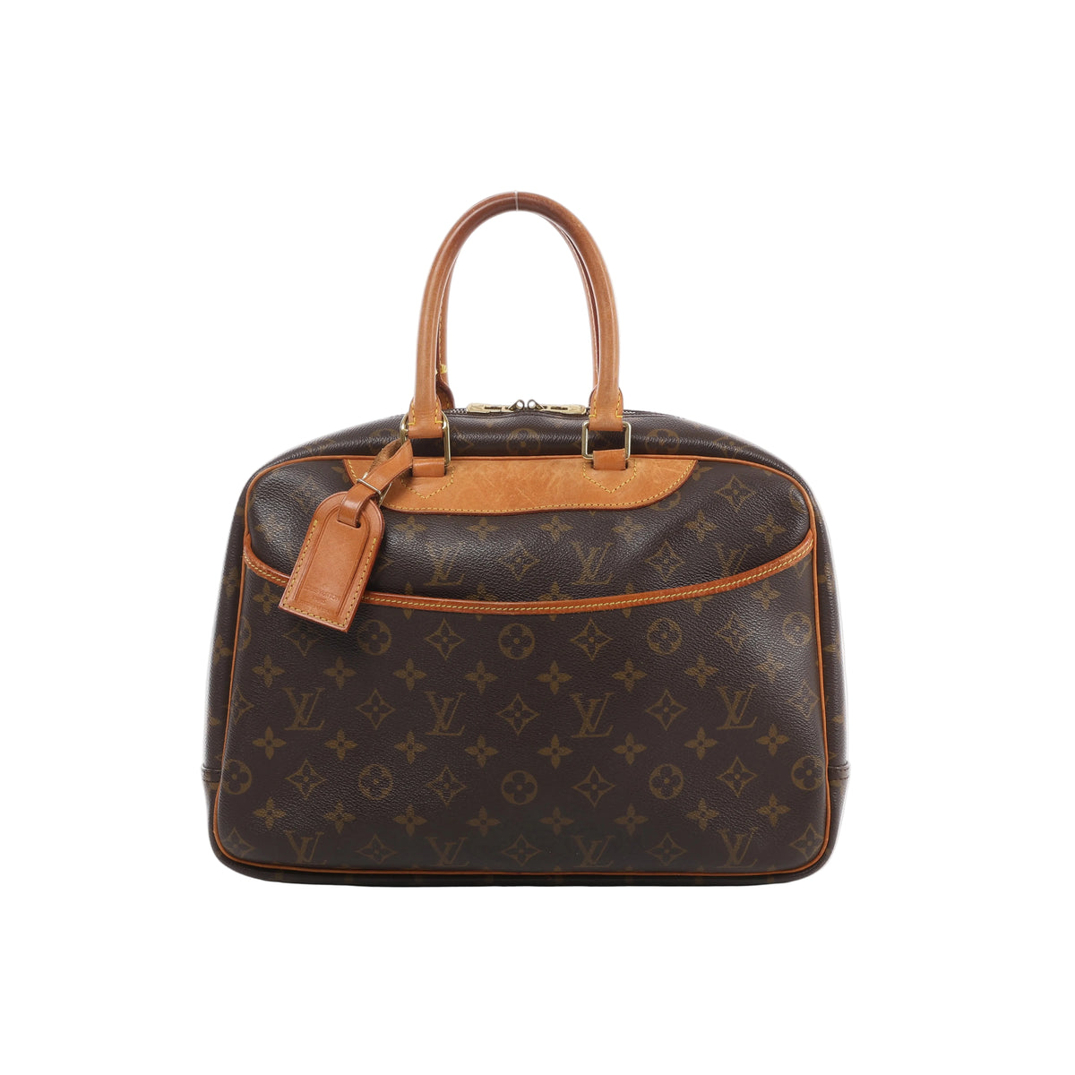 Louis Vuitton Deauville Monogram canvas handbag with natural leather trim, double top handles, top zip closure and hanging luggage tag.