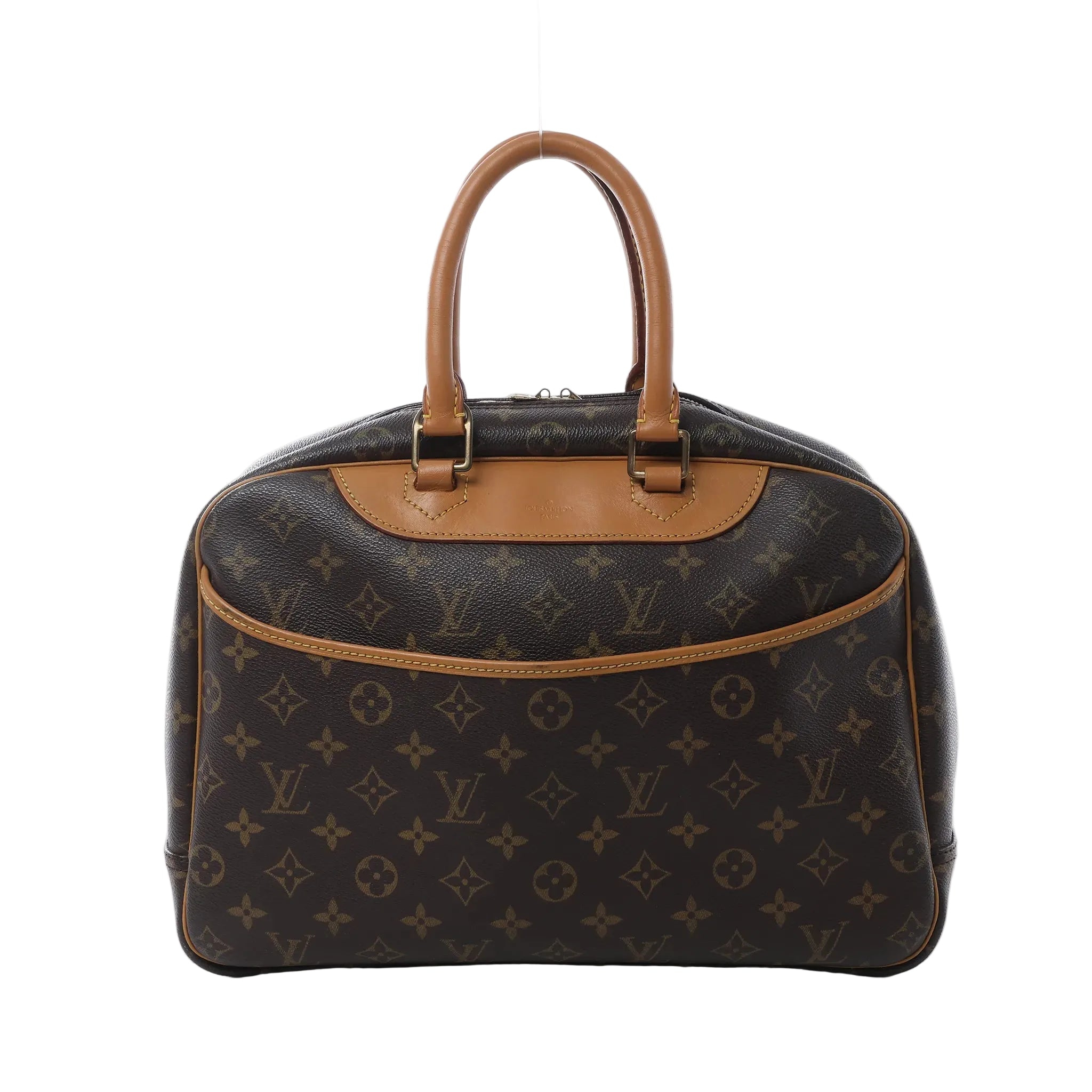 Louis Vuitton Deauville handbag in brown Monogram canvas with tan vachetta leather handles, front slip pocket, zip-top closure, and gold-tone hardware on white background.
