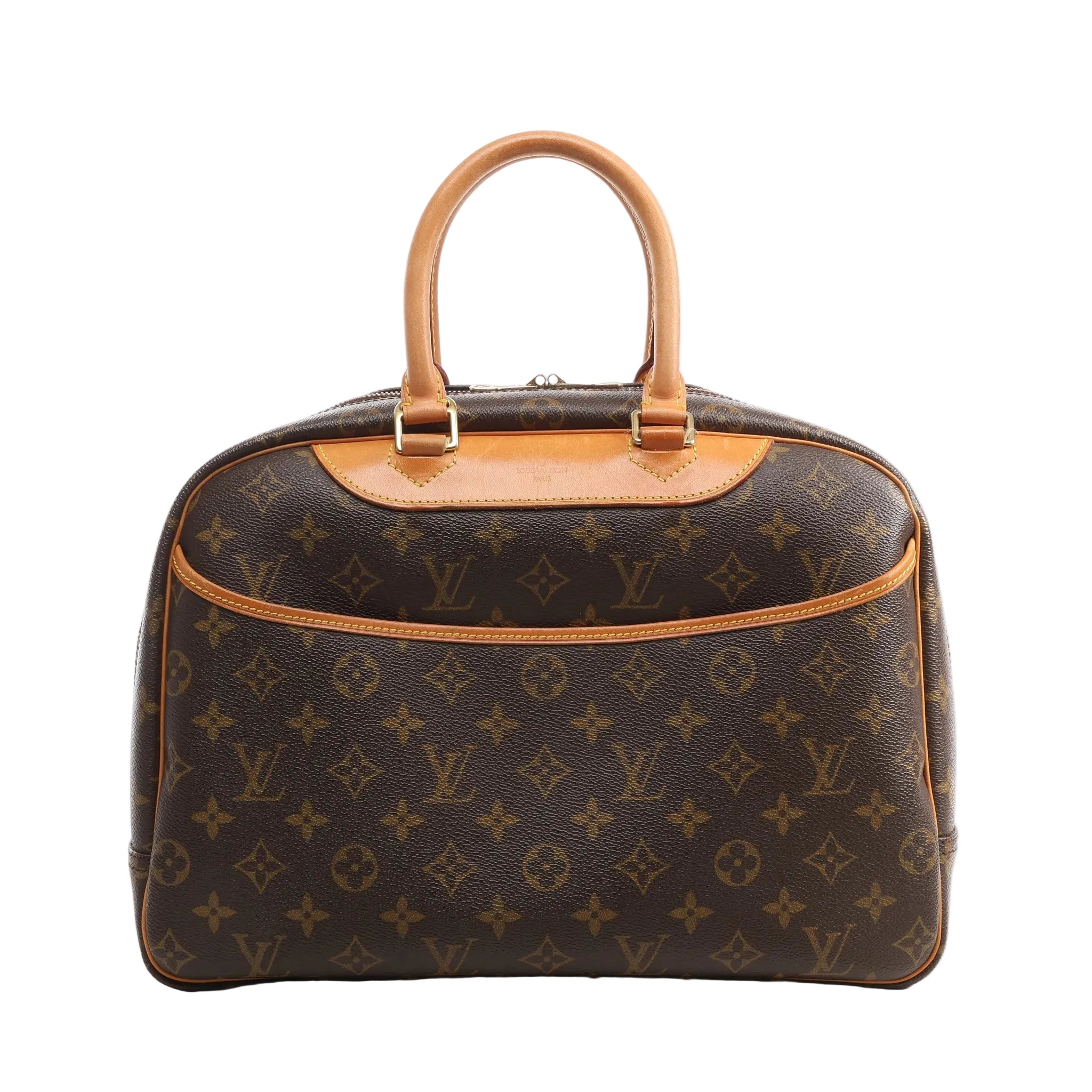 Louis Vuitton Deauville brown Monogram canvas handbag with vachetta leather rolled top handles, vachetta trim, gold-tone hardware, and a top zipper closure, shown on a white background.