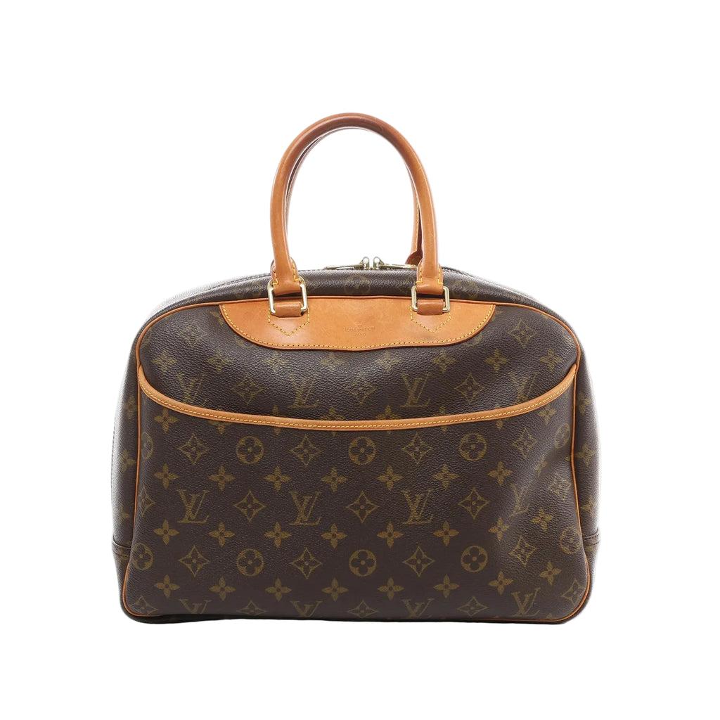 Louis Vuitton Deauville handbag in brown Monogram coated canvas with natural cowhide leather trim, rolled top handles, front slip pocket, and gold-tone hardware on a white background.