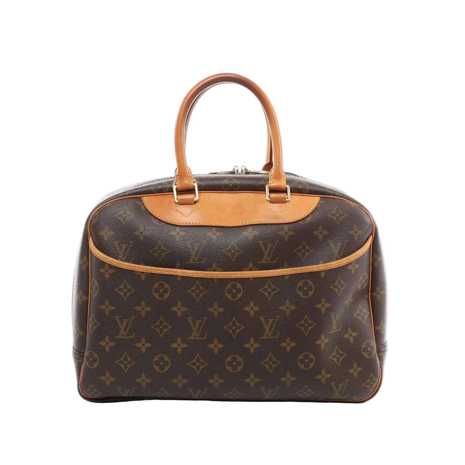 Louis Vuitton Deauville handbag in brown Monogram coated canvas with natural cowhide leather trim, rolled top handles, front slip pocket, and gold-tone hardware on a white background.