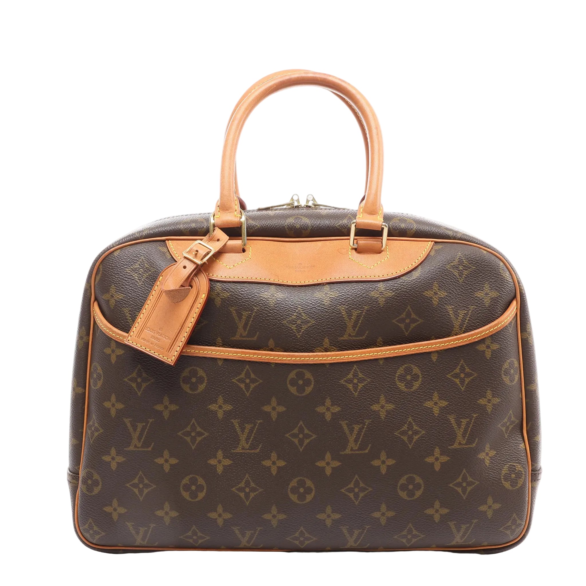 Louis Vuitton Deauville handbag in brown Monogram coated canvas with natural cowhide leather trim, rolled top handles, luggage tag, front slip pocket, and gold-tone hardware on a white background.