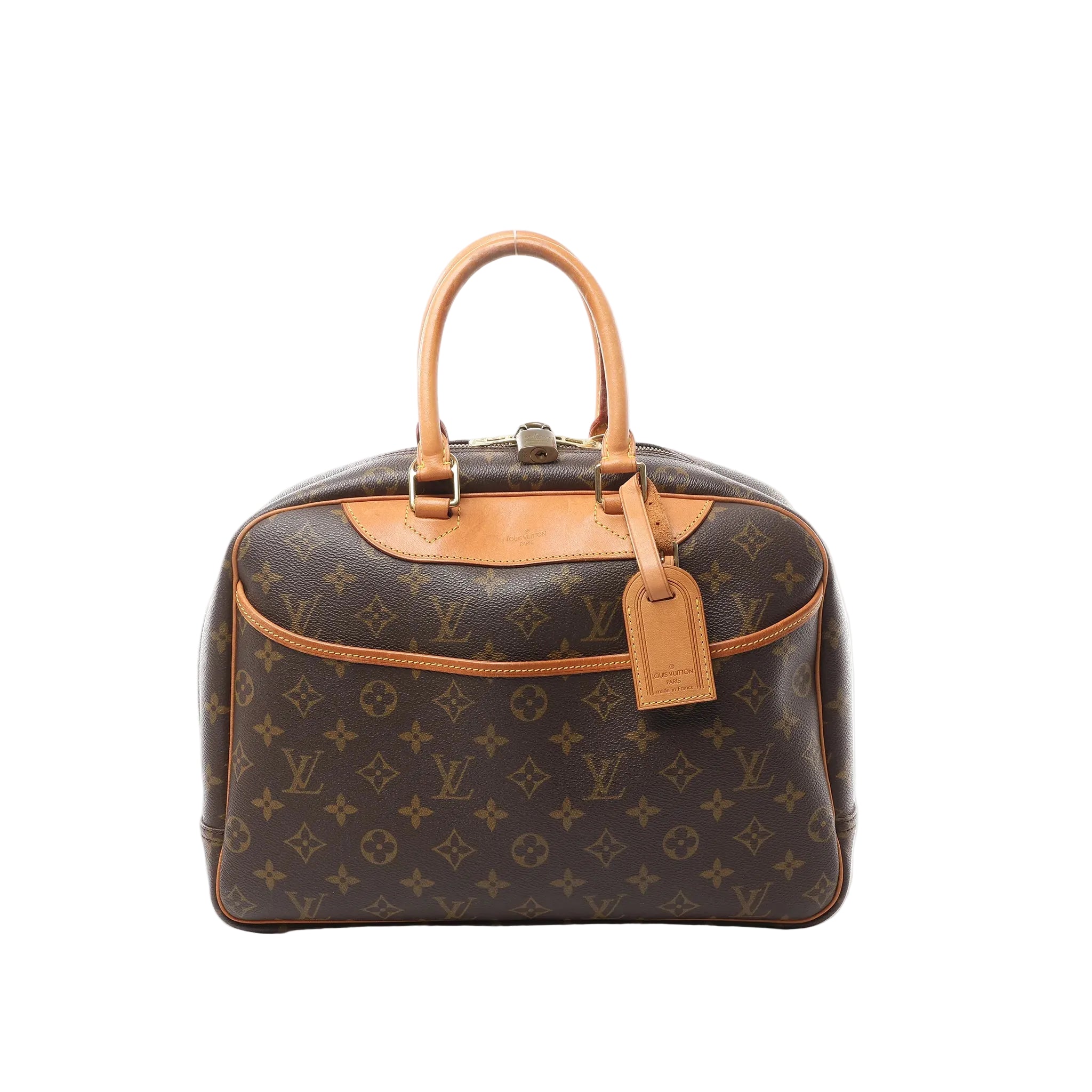 Louis Vuitton Deauville handbag in brown Monogram canvas with tan vachetta leather top handles and trim, zip-top closure with padlock, and leather luggage tag, front view on white background.