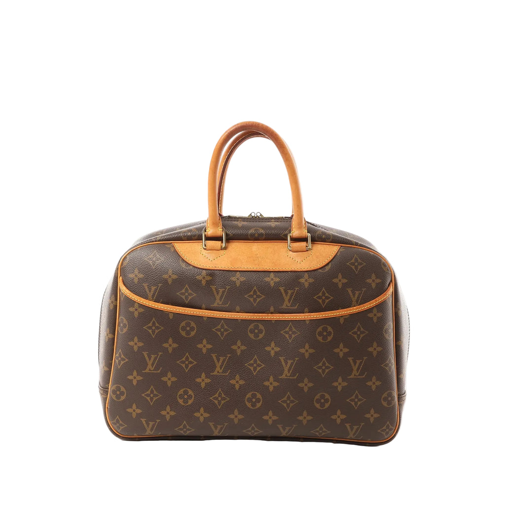 Louis Vuitton Deauville handbag in brown Monogram canvas with vachetta leather trim and top handles, zip-top closure, shown on a white background.