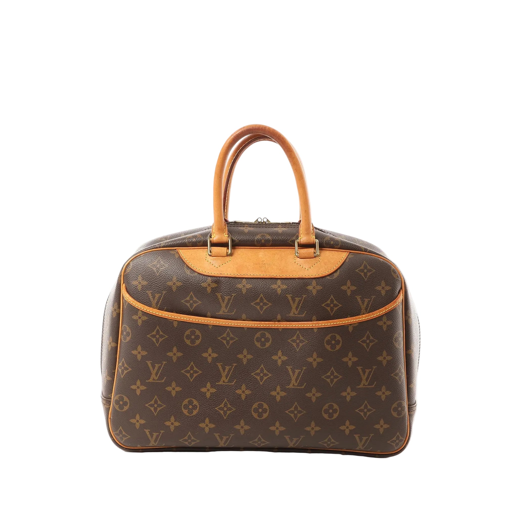 Louis Vuitton Deauville handbag in brown Monogram canvas with vachetta leather trim and top handles, zip-top closure, shown on a white background.