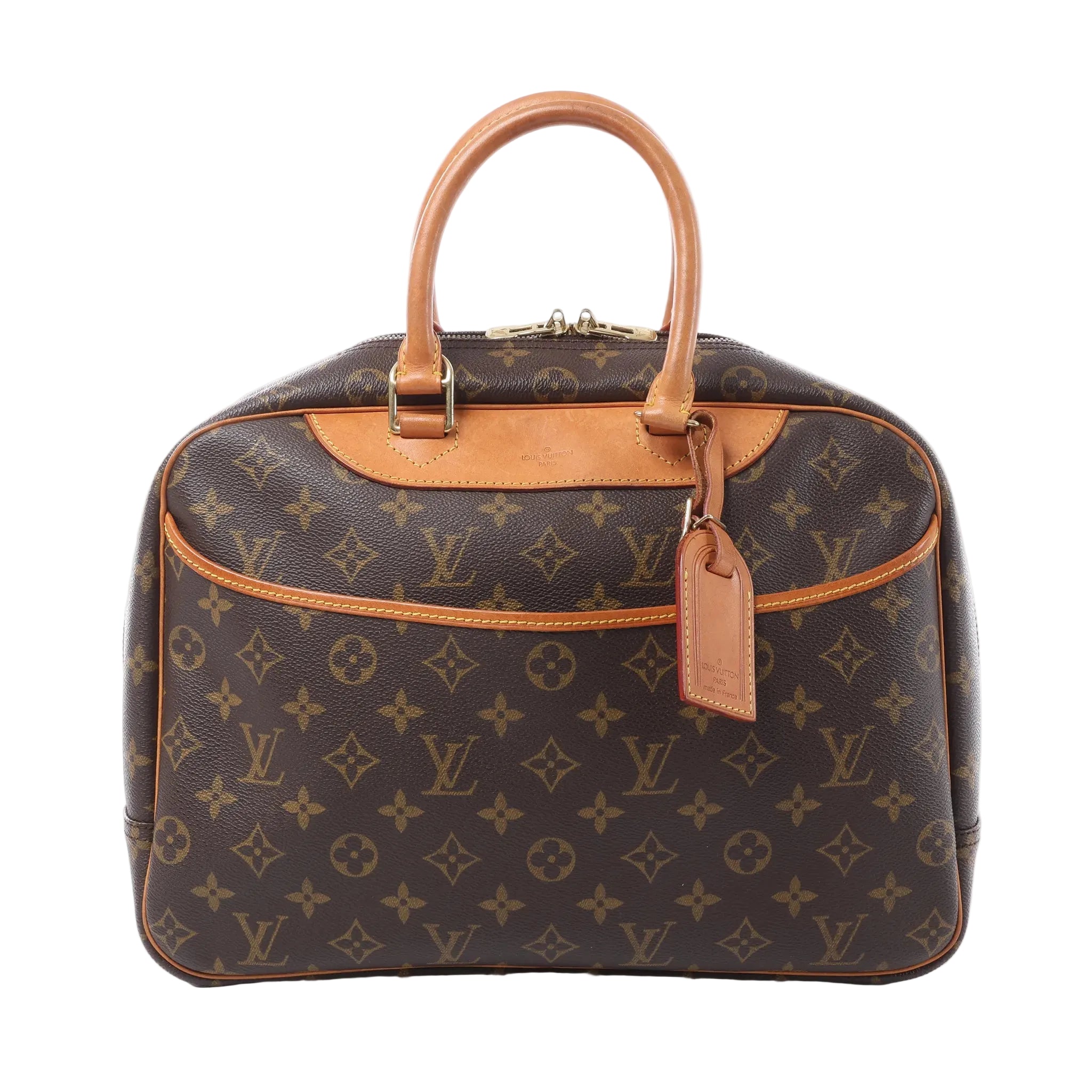 Louis Vuitton Deauville handbag in brown Monogram canvas with tan rolled handles, front pocket, luggage tag and gold-tone zip hardware.