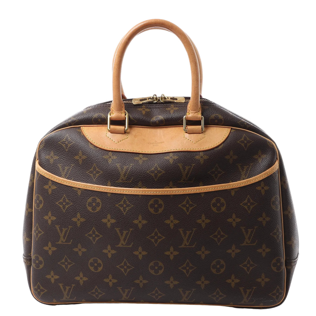 Louis Vuitton Deauville handbag in brown Monogram canvas with tan leather trim, rounded handles, front pocket and gold-tone double zip closure.