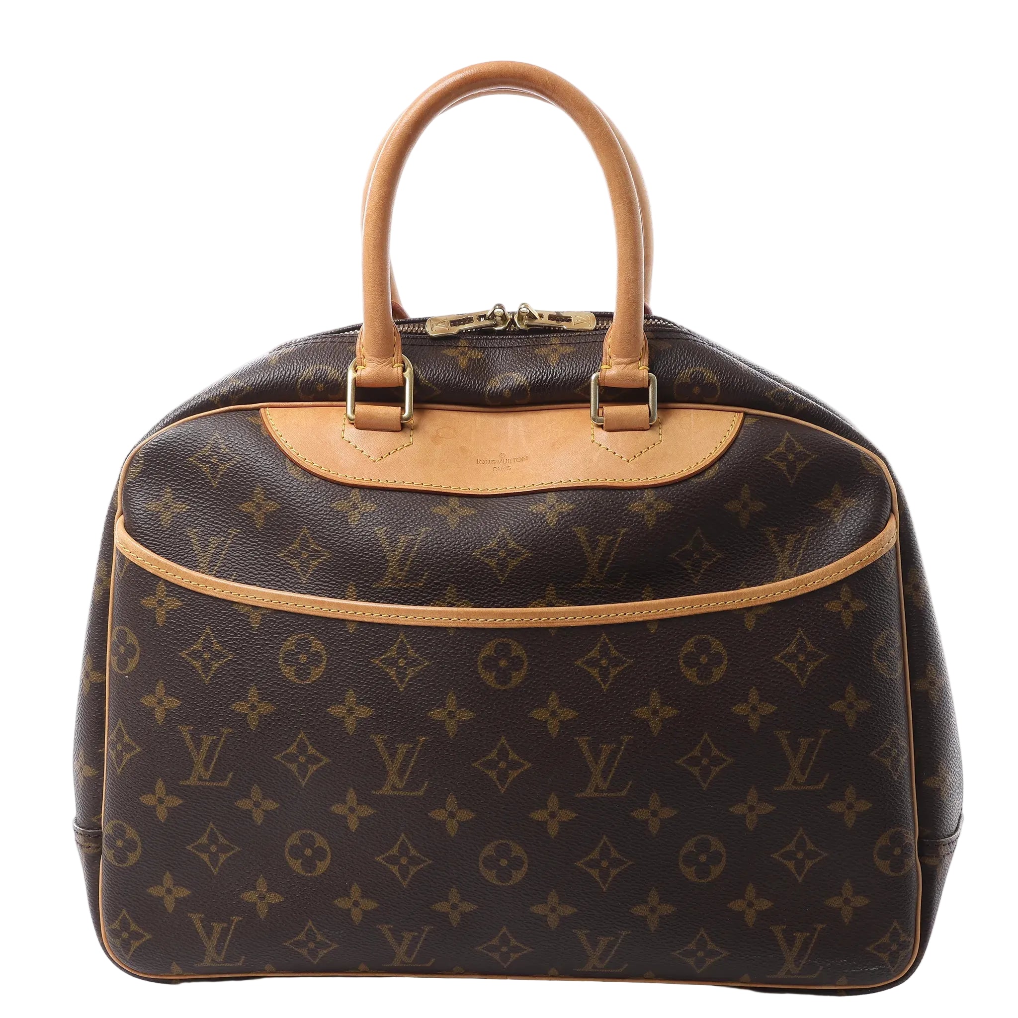 Louis Vuitton Deauville handbag in brown Monogram canvas with tan leather trim, rounded handles, front pocket and gold-tone double zip closure.