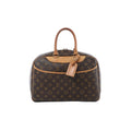 Louis Vuitton Deauville handbag in brown Monogram canvas with tan leather trim, rolled top handles, luggage tag and front pocket.