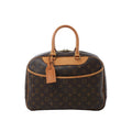 Louis Vuitton Deauville handbag in brown Monogram canvas with natural leather trim, dual rolled top handles, front slip pocket and leather luggage tag.