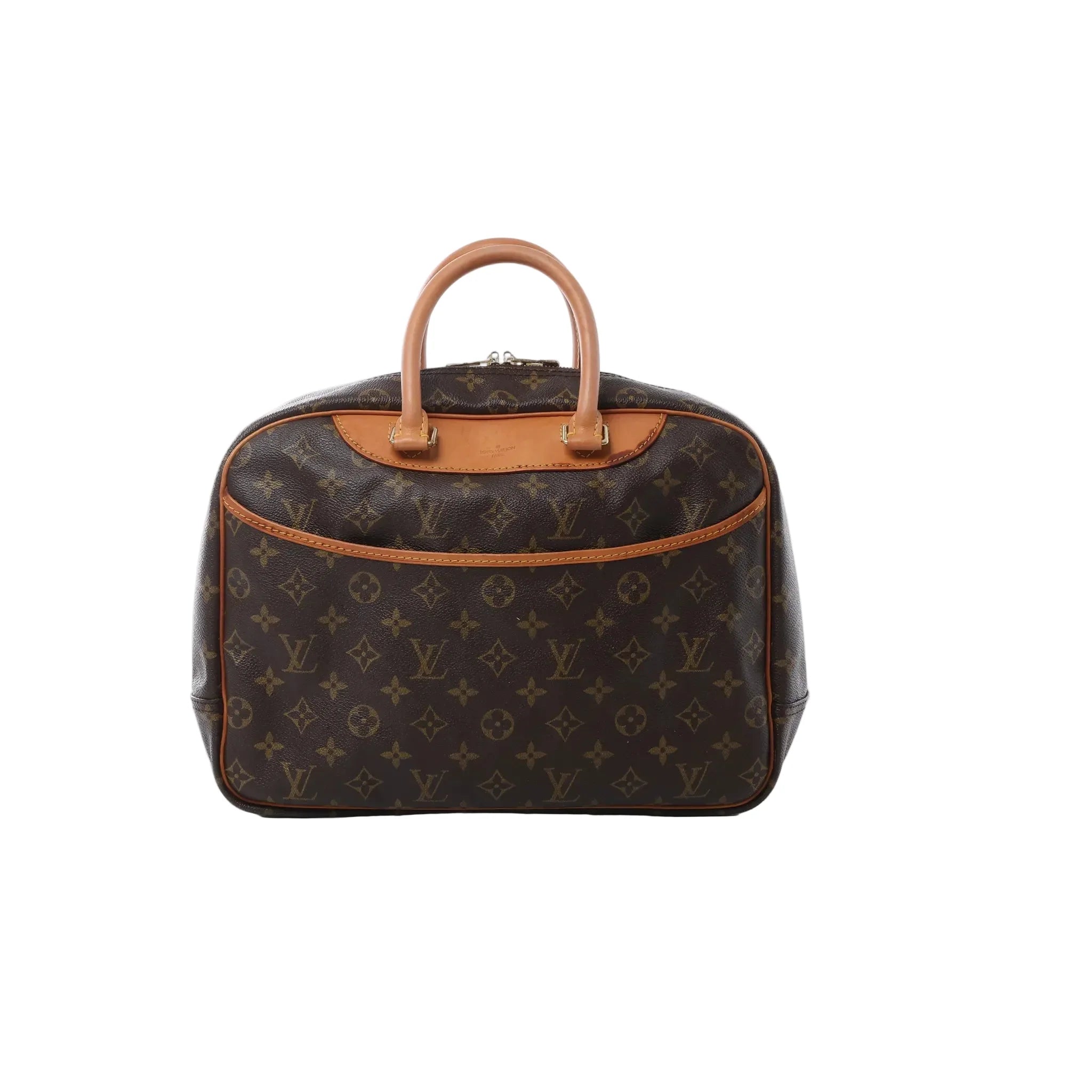 Louis Vuitton Deauville handbag in brown Monogram canvas with natural leather rolled top handles, curved structured silhouette and zip-top closure.