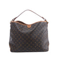 Brown Louis Vuitton Delightful MM Monogram canvas shoulder bag with tan leather trim, single shoulder strap and gold-tone hardware.
