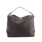 Brown Louis Vuitton Delightful MM Monogram canvas shoulder bag with tan leather trim, single shoulder strap and gold-tone hardware.