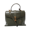 Front view of a green Louis Vuitton Rose des Vents handbag with grained leather, a smooth flap, top handle, shoulder strap and gold-tone padlock.