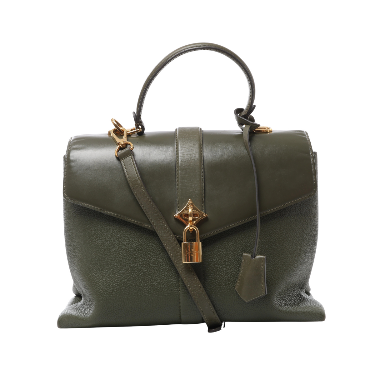 Front view of a green Louis Vuitton Rose des Vents handbag with grained leather, a smooth flap, top handle, shoulder strap and gold-tone padlock.