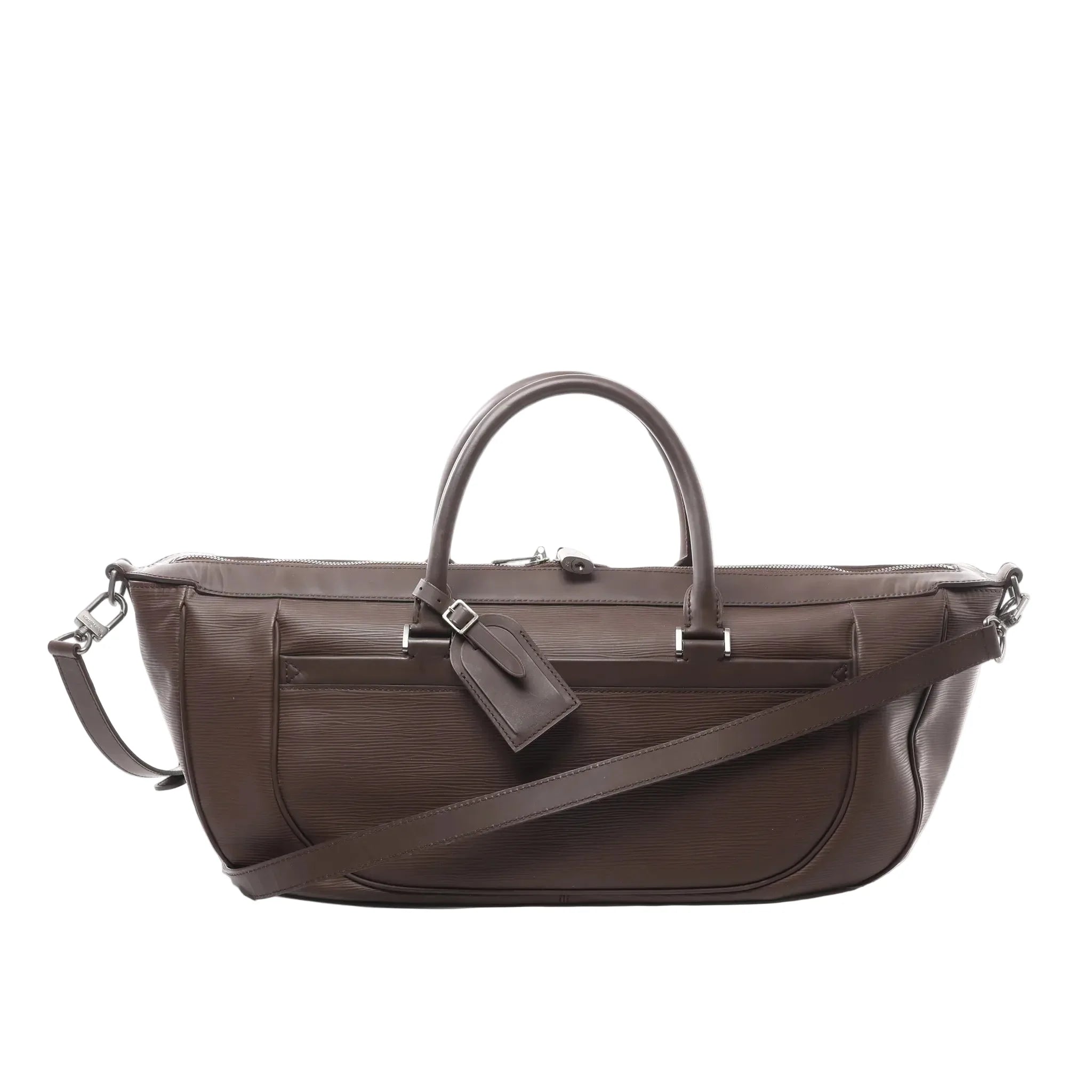 Louis Vuitton Dhanur GM brown Epi leather 2-way handbag with textured horizontal grain, top zipper closure, two top handles, detachable shoulder strap, and hanging leather tag, shown on a white background.