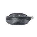 Louis Vuitton Discovery Bum Bag PM in black Monogram Eclipse canvas with dual zipper pulls and adjustable leather strap with buckle, front view on white background