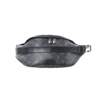 Louis Vuitton Discovery Bum Bag PM in black Monogram Eclipse canvas with dual zipper pulls and adjustable leather strap with buckle, front view on white background