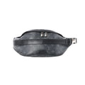 Louis Vuitton Discovery Bum Bag PM in black Monogram Eclipse canvas with dual zipper pulls and adjustable leather strap with buckle, front view on white background