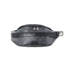 Louis Vuitton Discovery Bum Bag PM in black Monogram Eclipse canvas with dual zipper pulls and adjustable leather strap with buckle, front view on white background