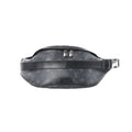 Louis Vuitton Discovery Bum Bag PM in black Monogram Eclipse canvas with dual zipper pulls and adjustable leather strap with buckle, front view on white background