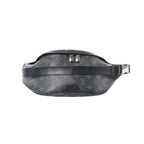 Louis Vuitton Discovery Bum Bag PM in black Monogram Eclipse canvas with dual zipper pulls and adjustable leather strap with buckle, front view on white background