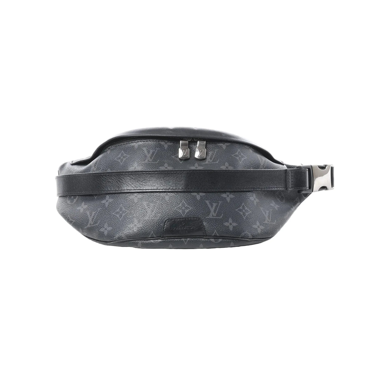 Louis Vuitton Discovery Bum Bag PM in black Monogram Eclipse canvas with dual zipper pulls and adjustable leather strap with buckle, front view on white background
