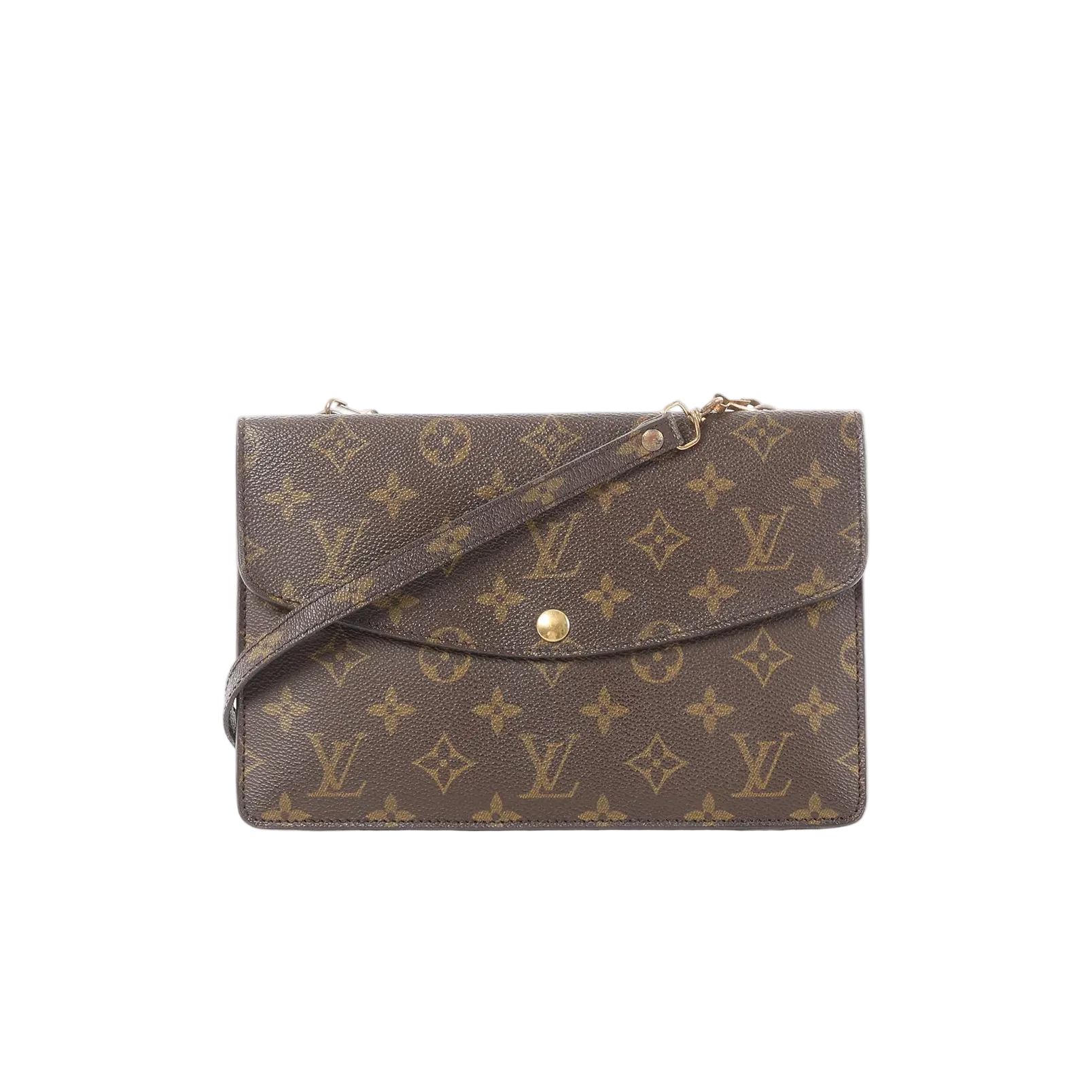 Front view of Louis Vuitton Double Lava crossbody bag in brown Monogram canvas with envelope flap, gold-tone snap button, and slim shoulder strap.