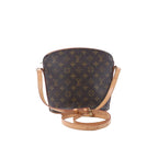 Louis Vuitton Drouot crossbody bag in brown Monogram canvas with tan vachetta leather trim, zip-top closure and adjustable strap on white background.