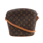 Brown Louis Vuitton Drouot Monogram canvas crossbody bag with tan leather trim, curved top, rounded base and slim leather shoulder strap.