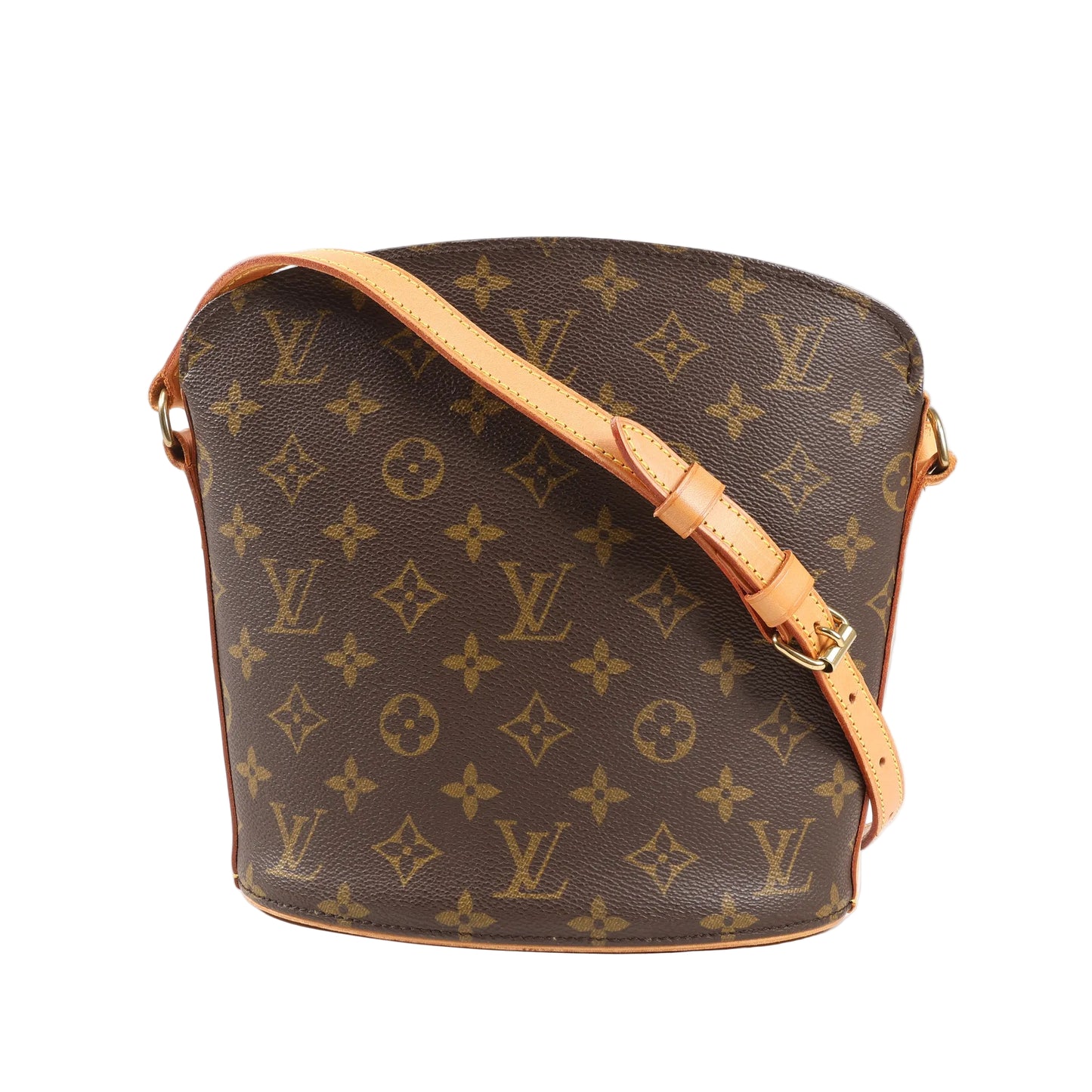Front view of Louis Vuitton Drouot Crossbody Bag in Monogram Canvas, featuring a structured silhouette, all-over LV monogram print, natural vachetta leather adjustable strap, and brown coated canvas body.