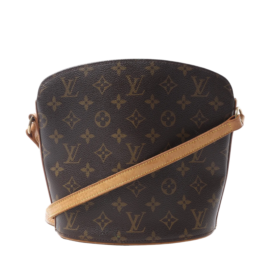 Louis Vuitton Drouot crossbody bag in brown Monogram canvas with a tan leather strap, curved structured shape and gold-tone hardware.