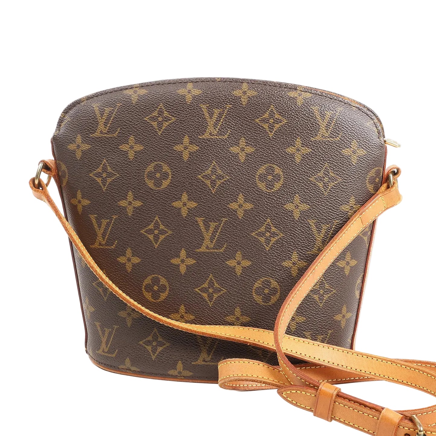 Louis Vuitton Drouot M51290 crossbody bag in brown Monogram canvas with natural leather trim, structured silhouette, and adjustable leather shoulder strap.