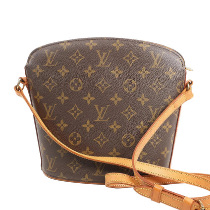Louis Vuitton Drouot M51290 crossbody bag in brown Monogram canvas with natural leather trim, structured silhouette, and adjustable leather shoulder strap.