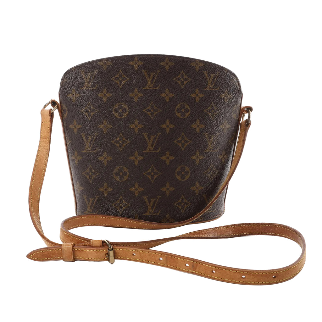 Louis Vuitton Drouot crossbody bag in brown Monogram canvas with adjustable tan leather strap on white background